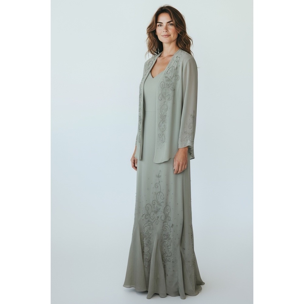 VTG‎ Y2k Formal Dress Mother Of Bride Jacket Set Ruffle Long Sage Green Large 16 - Picture 4 of 9